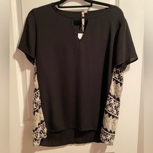 NWT Black short sleeve blouse work casual top with side detail crochet lace